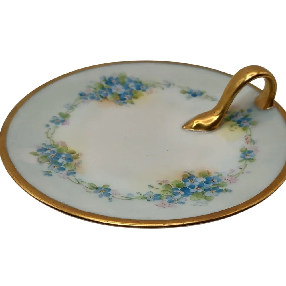 Antique Bavaria Nappy Lemon Dish Blue Hand‎ Painted Floral Gold Trim Handle SEE